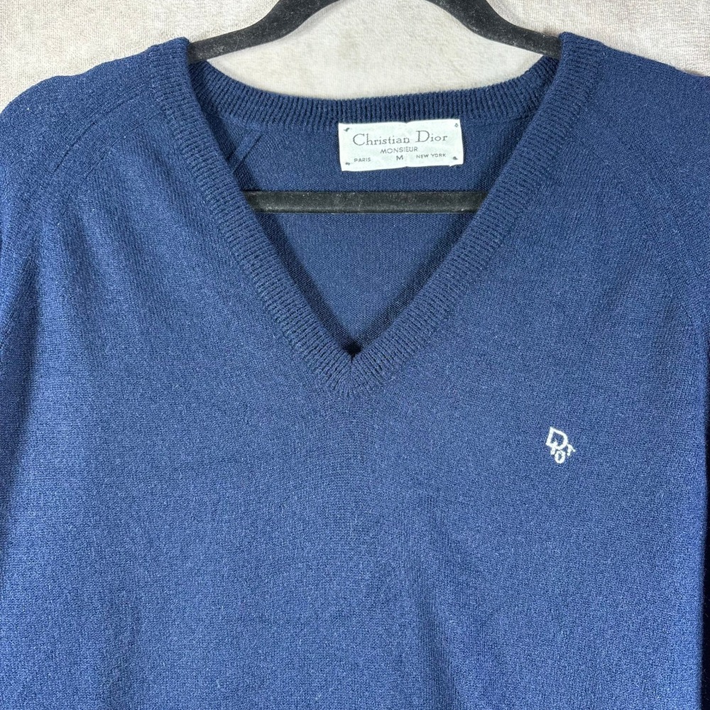 Vintage Christian Dior Monsieur Logo-Embroidered V-Neck Sweater Navy Size Medium - Picture 2 of 8